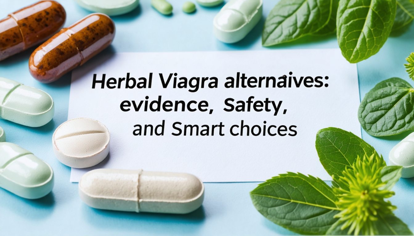 Assortment of herbal supplements such as ginseng, maca, and yohimbe displayed next to a stethoscope and medical notebook